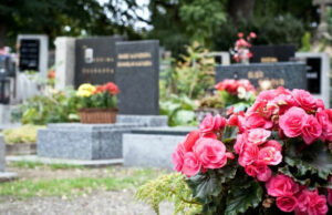 Pot de fleurs dans un cimetière en fond flouté